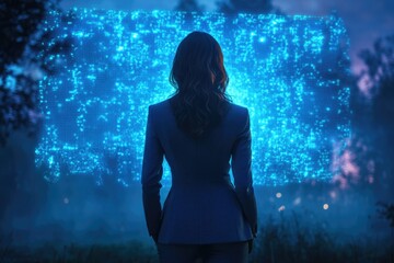 A woman views a vast, luminous blue digital screen with glowing data patterns in a serene outdoor setting, symbolizing technology's future.