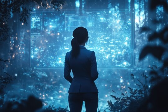 Woman in a suit views a vast, glowing blue holographic data screen within a dark, enchanted forest, merging technology with nature.
