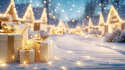 Festive Gift Scene: A charming snowy scene featuring a collection of wrapped gift boxes adorned with elegant golden bows. Lit by twinkling lights, evoking warmth, festivity, and anticipation. 