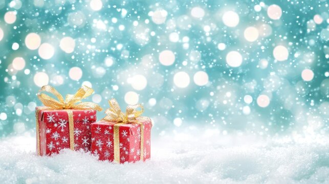 Gifted Moments: Two beautifully wrapped gifts, adorned with elegant ribbons, rest gently amidst a magical, softly blurred background. evoking a sense of joy and anticipation.