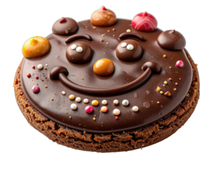 A whimsical chocolate cookie with a smiling face decoration.