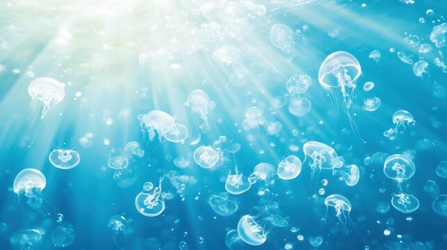 Underwater Ballet: A captivating scene of marine life, the translucent bodies of jellyfish gracefully dance and drift in the cool, blue depths of the ocean. Light streams filter down from above.