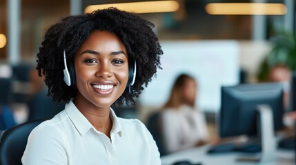 Customer Service Representative: A confident and friendly customer service representative, radiating warmth and professionalism, sits ready at her desk with a headset, poised to assist and support.
