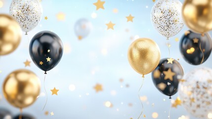 Festive Balloons and Stars: A captivating array of celebratory balloons, in elegant hues, are scattered amidst a cascade of shimmering stars. creating an atmosphere of joy. 