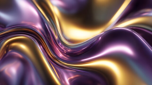 Highly reflective, undulating surface features rich purple and golden metallic sheen