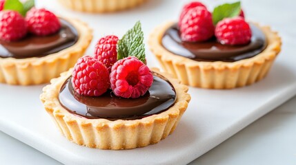 Delectable Chocolate Raspberry Tart: A close-up view of appetizing chocolate raspberry tarts on a plate, each one meticulously adorned with fresh red raspberries.