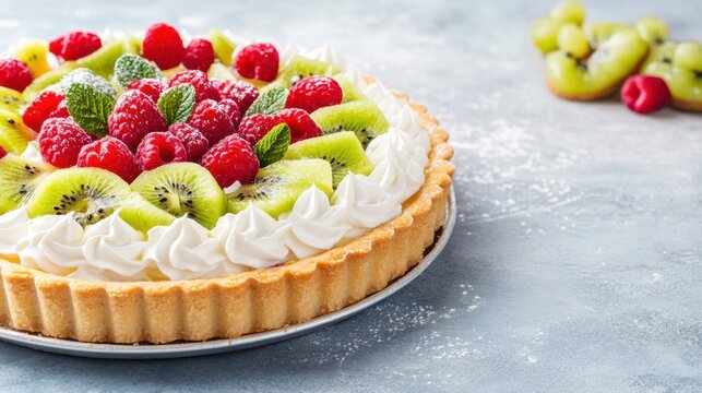 Delightful Fruit Tart: A close-up shot of a vibrant fruit tart, boasting an array of fresh raspberries, kiwi, grapes and delightful whipped cream.