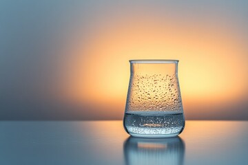 A partially filled glass of water with condensation and bubbles stands on a reflective surface against a soft, warm gradient background.