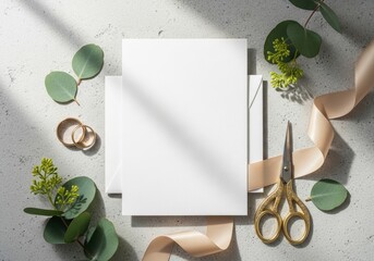 Blank white invitation card mock-up with wedding ring, ribbon, and eucalyptus branch on concrete background for celebration announcement.