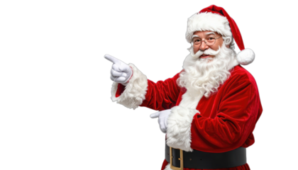 Santa Claus points with both index fingers towards the viewer against a black background, representing the Christmas spirit and a sense of direction or invitation.