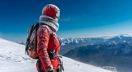 Female Winter Climber Standing on Snow Covered Mountain Ridge Overlooking Majestic Alpine Peaks Under Clear Blue Sky in Extreme Cold Adventure
