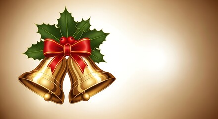 Golden Bells and Holly with Red Ribbon Festive Holiday Decoration