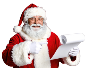 Santa Claus points to a scroll of paper against a black background.