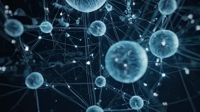 Abstract Blue Scientific Network Of Connected Glowing Spheres And Lines In Dark Digital Space