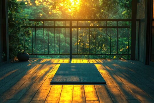 A tranquil balcony with a yoga mat bathed in golden morning light, overlooking lush green trees, perfect for meditation or sunrise practice. - Powered by Adobe