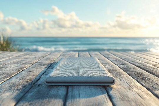 A folded yoga mat rests on a weathered wooden deck, overlooking a serene blue ocean at sunrise, evoking peace and relaxation.