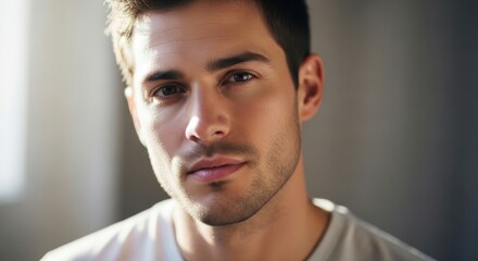 Close-up portrait of a confident young man with clear skin and short