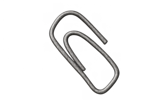 Metal paper clip for office and stationery supplies, holding documents, securing papers, transparent background cutout