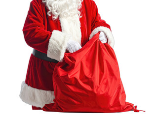 Santa Claus holding a red gift bag.