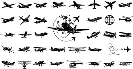 Fototapeta premium Aircraft Icon Vector Set, Airplane Illustration Signs, Plane Symbol and Logo Collection, Aviation Iconography
