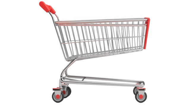 A side view of an empty metal shopping cart on a black background on transparent background