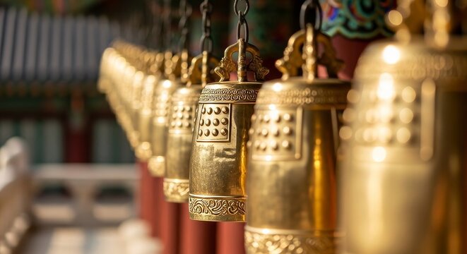 Traditional ornate golden Buddhist temple bells hanging in row with intricate carved decorative patterns and chains at Asian shrine - Powered by Adobe