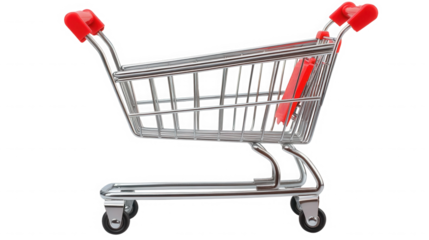 A miniature shopping cart with red accents on a black backdrop on transparent background