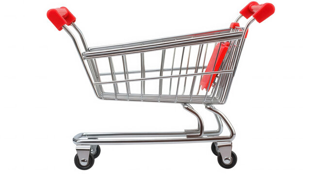 A miniature shopping cart with red accents on a black backdrop on transparent background - Powered by Adobe