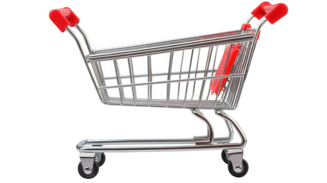 A miniature shopping cart with red accents on a black backdrop on transparent background - Powered by Adobe