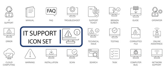 vector icon set for IT support, technical assistance, and troubleshooting services. Includes icons for FAQ, error, cloud, and network.