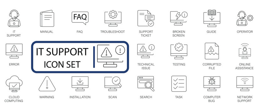 vector icon set for IT support, technical assistance, and troubleshooting services. Includes icons for FAQ, error, cloud, and network. - Powered by Adobe