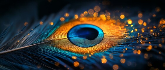 Peacock feather close-up. Illustration on the theme of animals and objects.