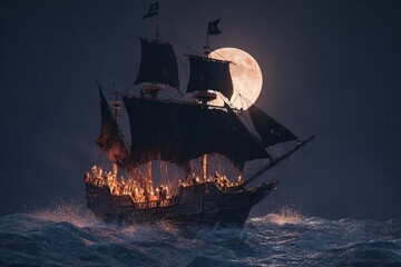 A silhouetted galleon sails at night over choppy seas with a huge moon in the background