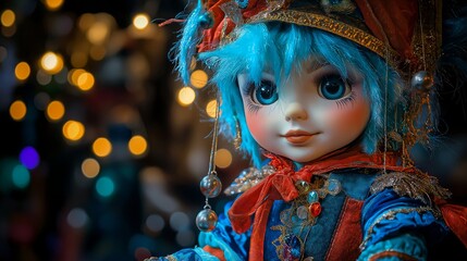 A decorated doll in a carnival decoration. Illustration on the theme of carnivals and holidays, gifts, and the circus.
