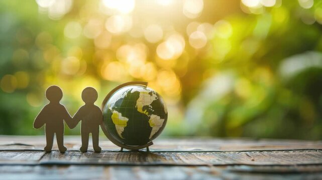 Two cardboard cutout figures holding hands beside small globe on wooden surface with nature background