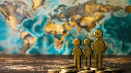 Metal figures of family on stacked coins against world map backdrop