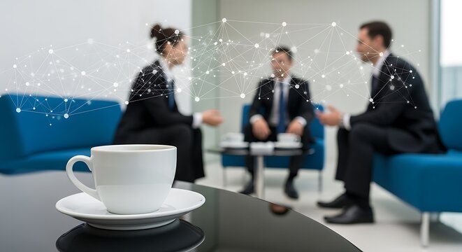 White Coffee Cup with Business People and Network Graphic Overlay - Powered by Adobe