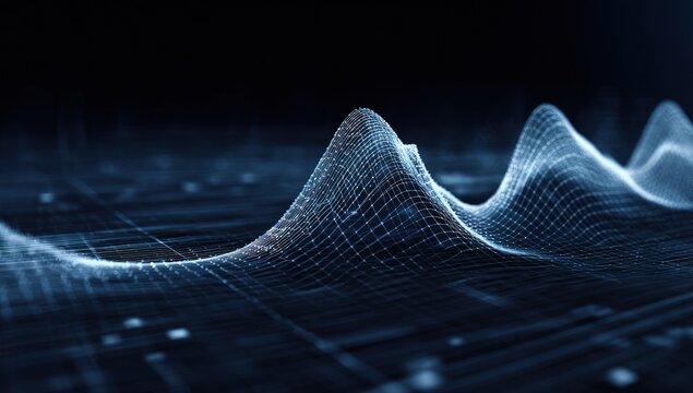 Futuristic depiction of a 3D wireframe landscape with peaks and valleys in shades of blue - Powered by Adobe