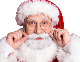 Close-up Portrait of a Joyful Santa Claus Touching His Mustache.