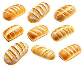 Set of loaf of wheat bread showing its golden crust and soft interior, isolated on white transparent background