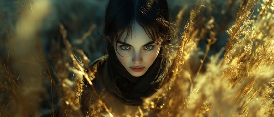 A close-up of a girl among wildflowers. Illustration on the theme of humanity and nature, cinema, and film.