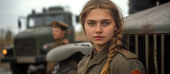 A girl in a military uniform next to a combat vehicle. Illustration on the theme of war and humanity, cinema, and movies.