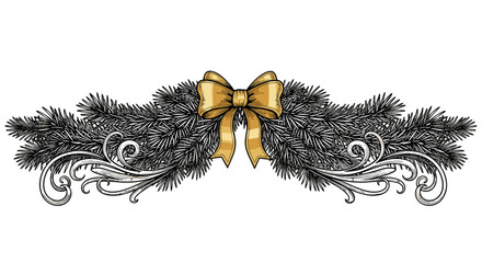 Festive Ornament: A decorative element features a golden bow and evergreen boughs with intricate flourishes, adding a touch of elegance and celebration.