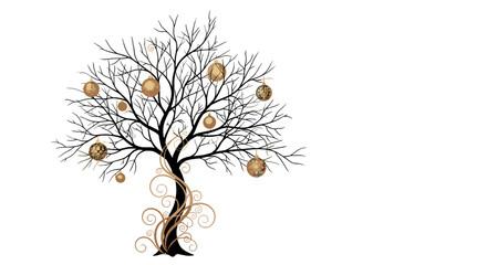 Tree of Ornaments: An artistic illustration of a stylized tree adorned with golden ornaments, showcasing a blend of nature and elegance.