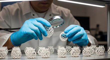 Scientist Inspecting 3 D Printed Objects with Magnifying Glass