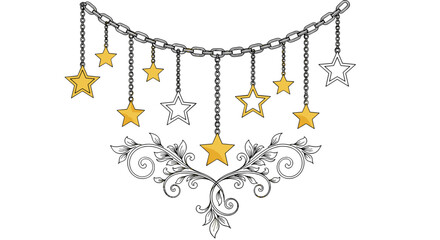 Celestial Adornment: An exquisite illustration featuring golden and silver stars suspended from a delicate chain, complemented by intricate floral elements, creating a captivating design.