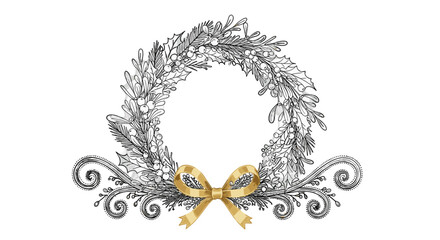 Festive Wreath: A classic holiday wreath design, intricately decorated with seasonal foliage and adorned with a gleaming gold bow, captures the essence of winter celebrations and festive spirit.