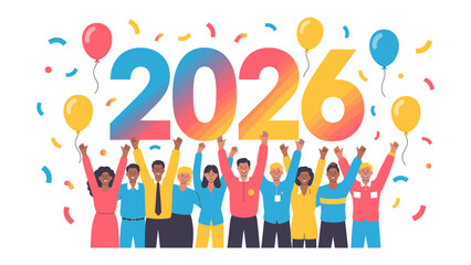 Celebration of the Year 2026: A vibrant and diverse group of individuals celebrate the arrival of the year 2026 with joyful energy, surrounded by colorful balloons and confetti.