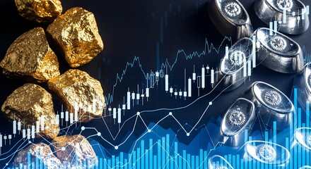 Gold and Silver Bullion with Financial Stock Market Chart Overlay.