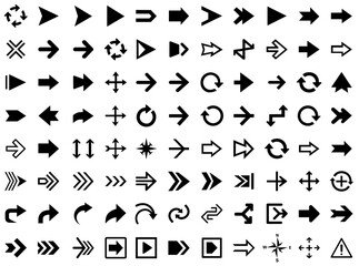 A large collection of diverse black arrow icons featuring solid, outlined, curved, circular, directional, and navigation symbols designed for infographics, digital interfaces, and graphic design